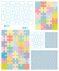 Jigsaw puzzle blank templates and pastel colors patterns of various dimensions and orientations
