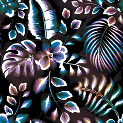 Vintage tropic leaves pattern design. Cool floral wallpaper. Green brown colors on black background. night background jungle illustration seamless pattern with light tropical plants leaves. summer