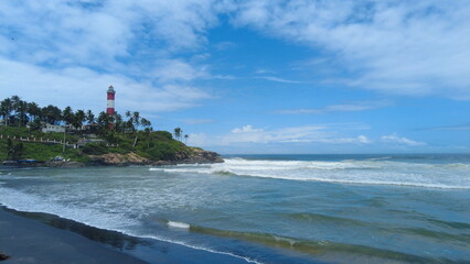 Kovalam beach and vizhinjam light house, Thiruvananthapuram, Kerala, seascape view