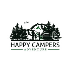 Camping logo with trailer camp, mountain, and pine tree, used for community and seasonal camping