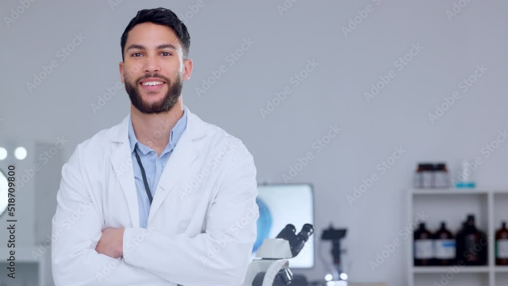 Aufkleber Portrait of a scientist smiling and looking confident in finding a virus cure. Medical researcher ready for a chemical science experiment and tests to make a breakthrough discovery in a science lab