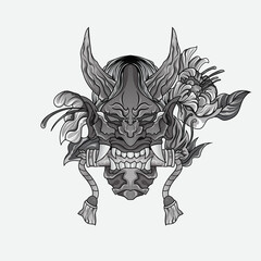 Shinigami mask illustration tattoos Black And White Traditional Japanese Oni Mask Tattoo Tshirt Lifestyle
