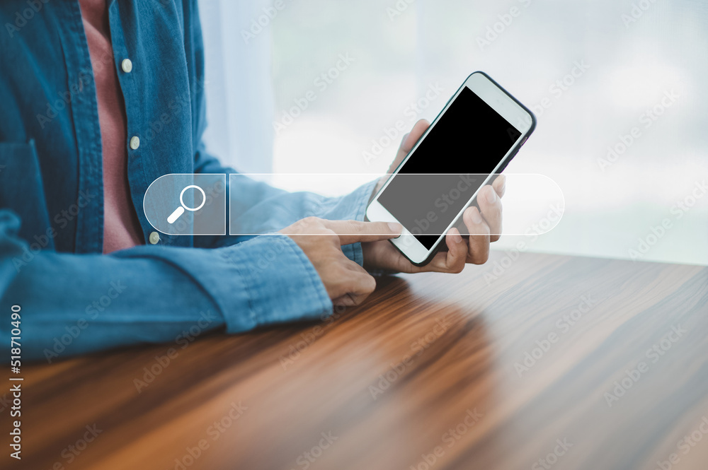 Poster man using smartphone search on internet mobile