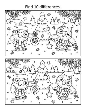 Difference game with two owls decorating christmas tree. Find 10 differences picture puzzle and coloring page. Black and white.
