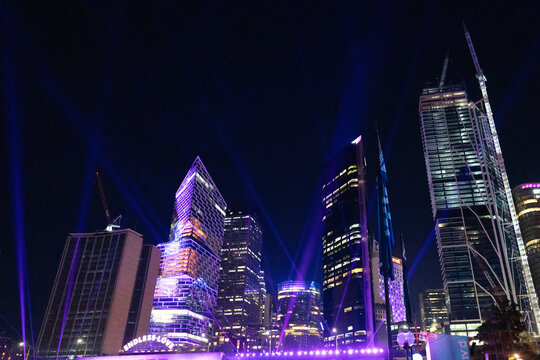Beautiful night landscape downtown cityscape view of Sydney city, high rise buildings, Sydney CBD, Australia