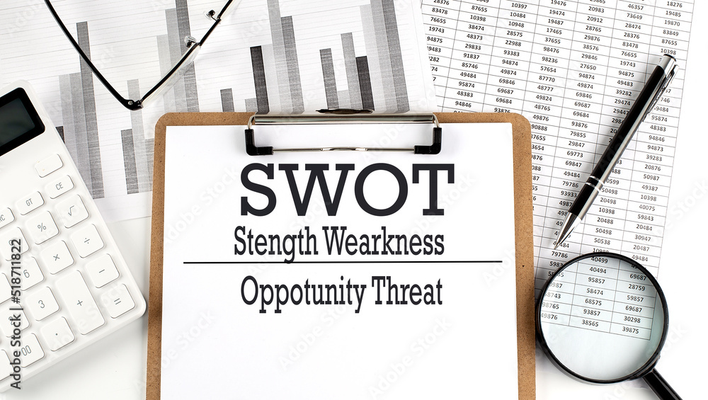 Poster paper with swot on a chart with calculator,pen and magnifier