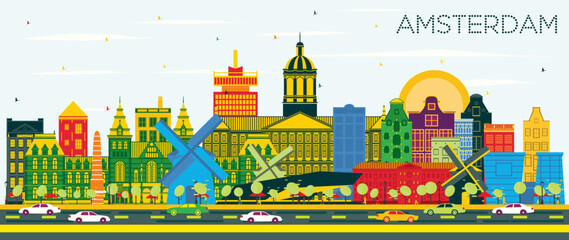 Obraz premium Amsterdam Holland City Skyline with Color Buildings and Blue Sky.