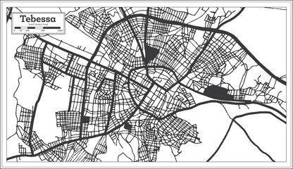 Tebessa Algeria City Map in Retro Style in Black and White Color. Outline Map.