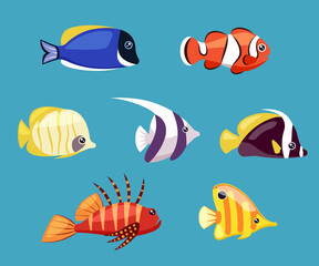 exotic fishes. river ocean and aquarium underwater life colored fishes with various ornament. Vector wild animals