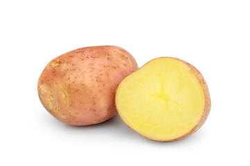 Raw potato with half of raw potato on a white.