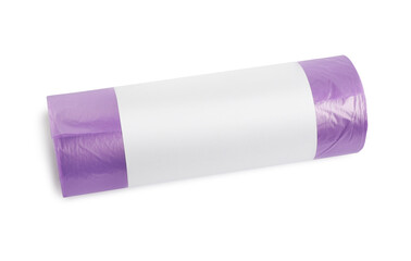 Roll of violet garbage bags on white background, top view. Cleaning supplies