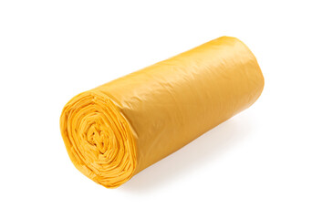 Fototapeta na wymiar Roll of yellow garbage bags isolated on white