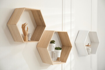 Honeycomb shaped shelves with decorative elements and houseplants on white wall