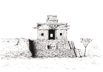 Mesoamerican ancient temple. Ink on paper.