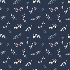 Watercolor hand drawn seamless pattern with winter decorative twigs, branches, leaves. Branches with Christmas decorations, balls, icicles, stars isolated on dark background. New year illustrations.