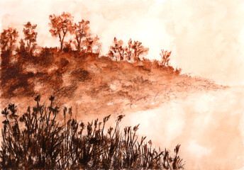 Landcape with grass and trees on hill. Sepia and watercolor on paper.
