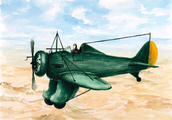 Ancient fighter in fly. Watercolor on paper.