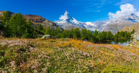 Beautiful landscape in the Swiss Alps in summer, with Matterhorn in the background