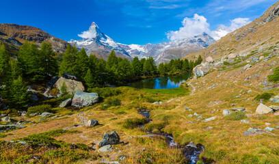 Fototapeta premium Beautiful landscape in the Swiss Alps in summer, with Matterhorn in the background