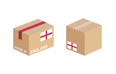 box with England flag icon set, cardboard delivery package made in England