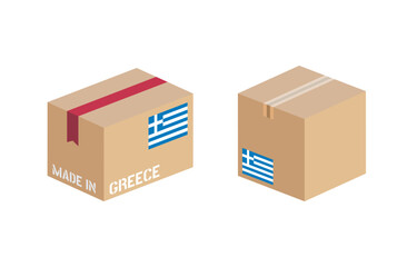 box with Greece flag icon set, cardboard delivery package made in Greece