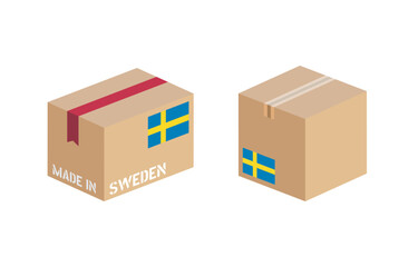 box with Sweden flag icon set, cardboard delivery package made in Sweden