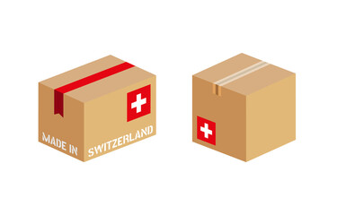 box with Switzerland flag icon set, cardboard delivery package Swiss made