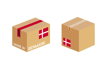 box with Denmark flag icon set, cardboard delivery package made in Denmark