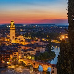 Fototapeta na wymiar Verona historical city centre, Ponte Pietra bridge across Adige river