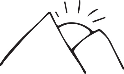 Mountains, hill, sun, hand-drawn. Hand-drawn doodles illustration.
Line art.
