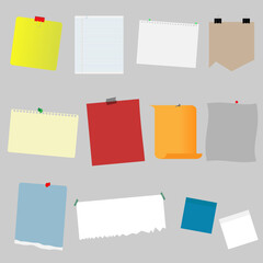 Note paper with pin, binder clip, push pin, adhesive tape and tack