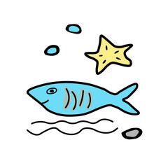 Sea fish star,algae, waves, stones. Vector illustration