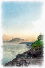 Mekong river landscape of Thailand watercolor style illustration impressionist painting.