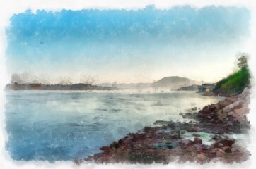Naklejka na ściany i meble Mekong river landscape of Thailand watercolor style illustration impressionist painting.