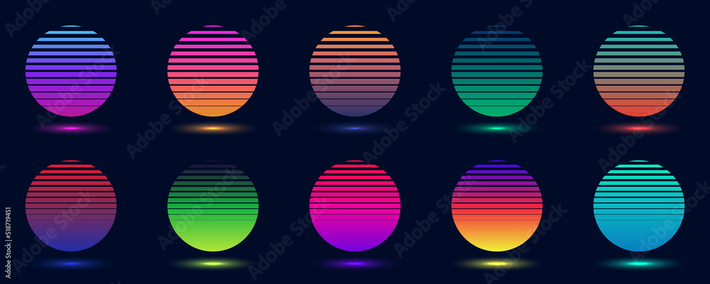 Aufkleber set of badges abstract gradient colorful circles isolated on dark background retro 70s 80s style