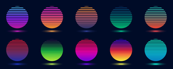 Set of badges abstract gradient colorful circles isolated on dark background retro 70s 80s style - 518719451