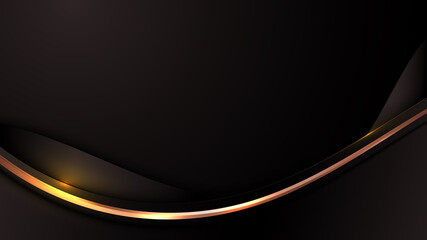 Abstract 3D luxury black color wave lines with shiny golden curved line decoration