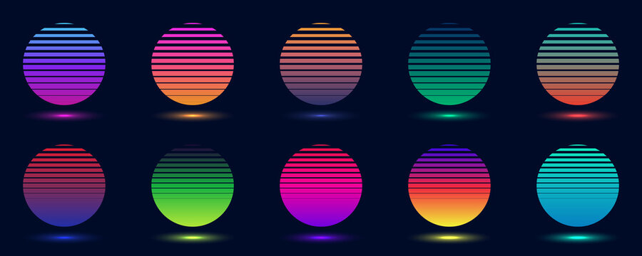 Set of badges abstract gradient colorful circles isolated on dark background retro 70s 80s style