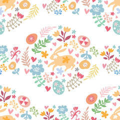 Easter Beautiful festive seamless pattern with easter eggs, cute bunny, funny rabbit, spring meadow flowers. Cute spring floral background, paper, textile, covers, banner Vector