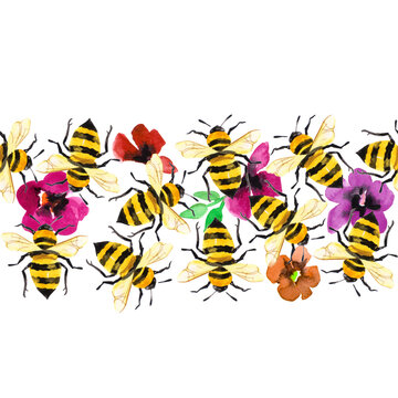 Watercolor illustrated honey bee among flower petals. Seamless pattern hand painted.
