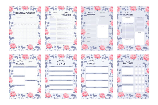 Daily Planner, Weekly Planner, Habit Tracker, Monthly Planner, Yearly Planner Collection with Aesthetic Flowers