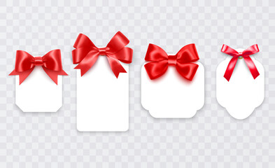 Tags with Red bows. Blank white price paper labels with Red ribbons for christmas, birthday or wedding packaging gift vector realistic isolated templates collection