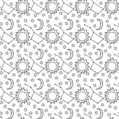 Doodle vector space illustration with moon, stars and sun Seamless space pattern. Cosmos background.