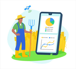 Afro black man farmer use online agriculture service mobile application for monitoring wheat fields growth vector illustration
