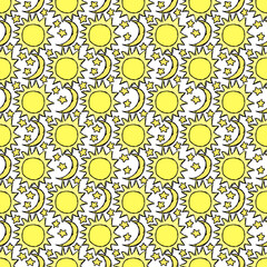 Doodle vector space illustration with moon, stars and sun. Seamless space pattern. Cosmos background.