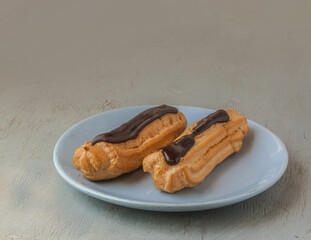 Close up of a chocolate eclairs