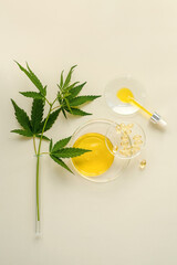Capsules and tincture with hemp oil and CBD and marijuana leaves on a light background
