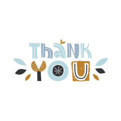 Thank you. Inscription for postcard, banner, print. Multicolored lettering. 