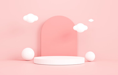 White cylinder podium pedestal on pastel pink background 3D illustration empty display scene presentation for product placement