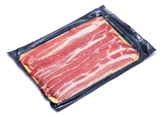Bacon strips in plastic package for wholesales isolated on white background